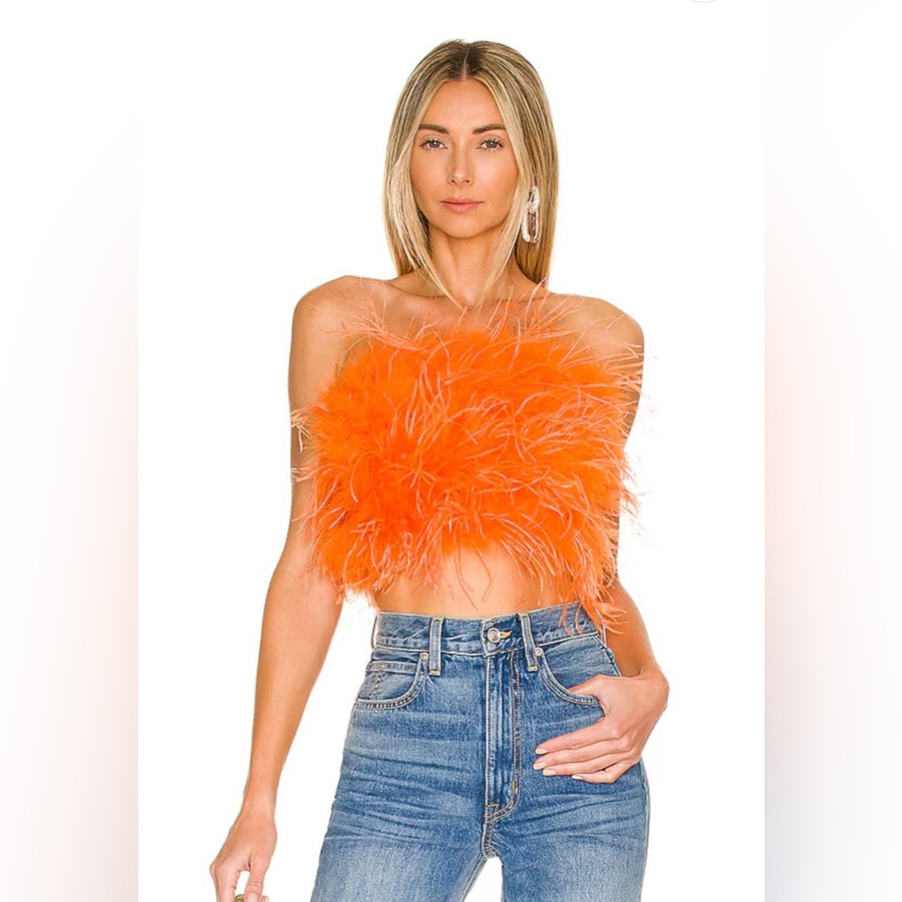 Lamarque Orange Feather Strapless Crop Top